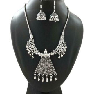 Indian Silver Plated Oxidized Chain Necklace with Matching earrings DESIGN1- PN1