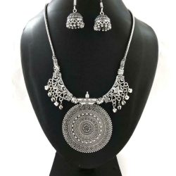 Indian Silver Plated Oxidized Chain Necklace with Matching earrings RNDBIG- PN1