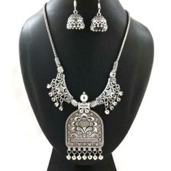 Indian Silver Plated Oxidized Chain Necklace with Matching earrings RETANG- PN1