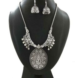 Indian Silver Plated Oxidized Chain Necklace with Matching earrings DURGAMA- PN1