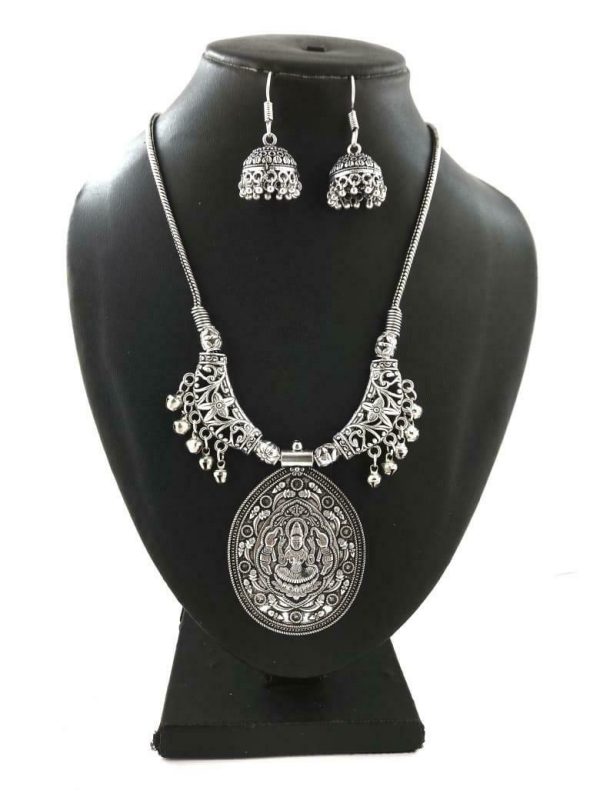 Indian Silver Plated Oxidized Chain Necklace with Matching earrings DURGAMA- PN1