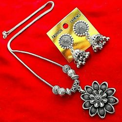 Fashion Silver Oxidized Women Jewelry Set Pendant Party Earrings Necklace