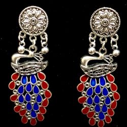 Indian Colorful Peacock Bollywood Silver Oxidized Mugal Jhumka Jhumki Earrings