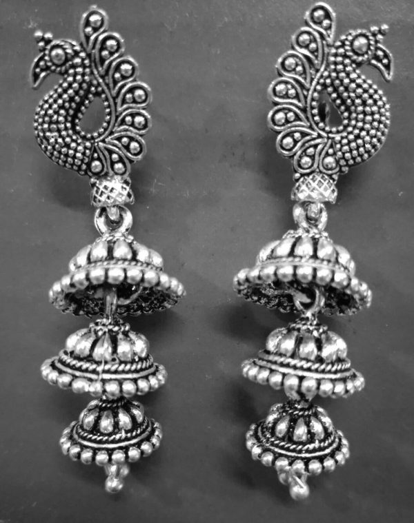 Peacock Light Weight Long Silver Oxidized Mugal Jhumka Jhumki Earring Party Wear