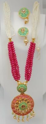 Multi Color Indian Long Necklace Set Gold Plated Bridal Pearl Mala Set - D16
