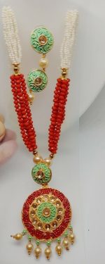 Green Indian Long Necklace Set Gold Plated Bridal Pearl Mala Set Multi - D18