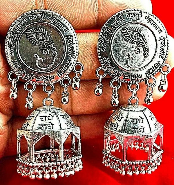 Traditional Bollywood Indian Ethnic Silver Oxidized Mugal Tribal Jhumki Earrings
