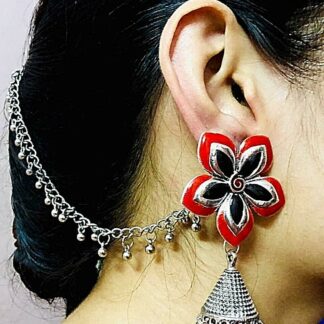 Long Ear Chain Meenakari Work Red Black Rajasthani Silver Oxidized Drop Earrings