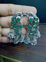 Traditional Bollywood Silver Plated Oxidized Jhumki Earrings Peacock Green Stone