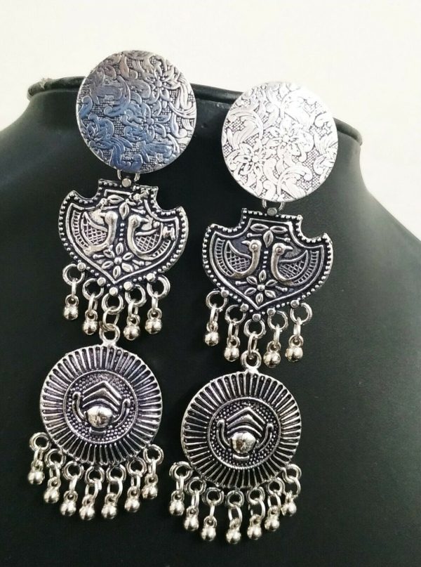 Traditional Bollywood Silver Plated Oxidized Maa Durga Peacock Jhumki Earrings