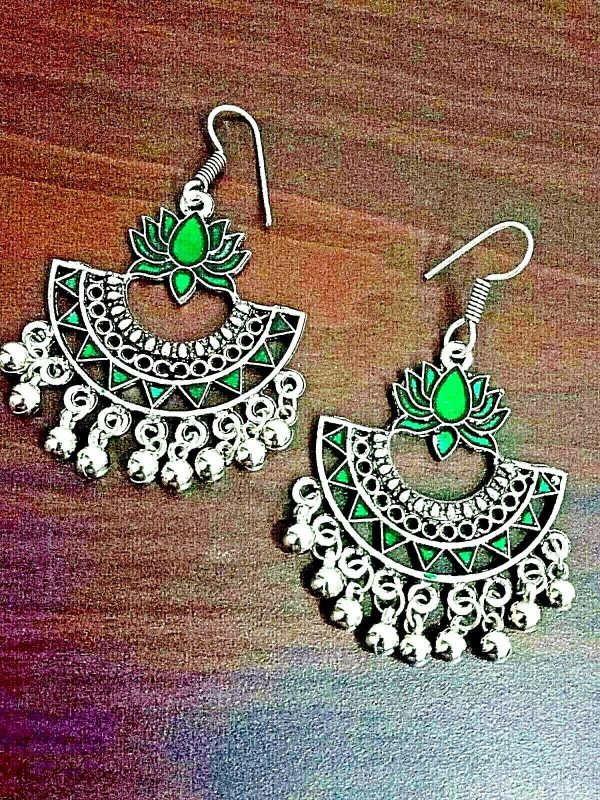 Green Lotus Panted Bollywood Silver Plated Oxidized Jhumki Earring Drop / Dongle