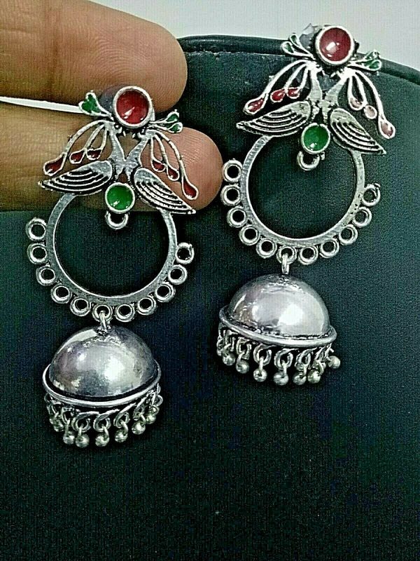 Traditional Bollywood Silver Plated Oxidized Earrings Green Red Peacock Jhumki