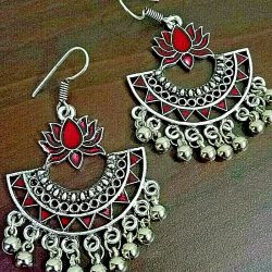 Red Hook Lotus Silver Plated Oxidized Jhumki Earrings Drop / Dongle Party Wear