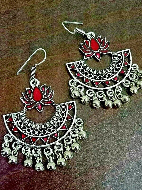 Red Hook Lotus Silver Plated Oxidized Jhumki Earrings Drop / Dongle Party Wear