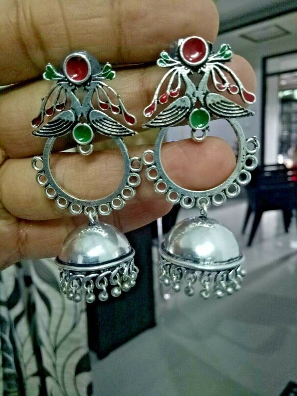 Traditional Bollywood Silver Plated Oxidized Earrings Green Red Peacock Jhumki