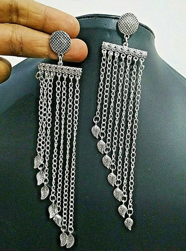 Traditional Bollywood Silver Plated Oxidized Jhumki Earrings Long Flower Leaf