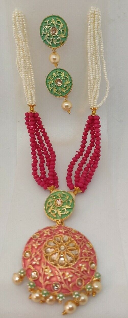 Red Green Pink Indian Long Necklace Set Gold Plated Bridal Pearl Mala Set