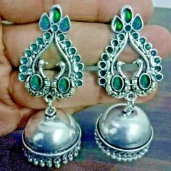 Traditional Bollywood Green Silver Plated Oxidized Jhumki Earrings Drop / Dongle