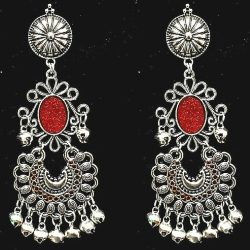 Indian Traditional Red Panted Gungroo Silver Oxidized Jhumka Jhumki Earring