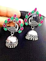 Red Green Stone Bollywood Silver Plated Oxidized Peacock Jhumki Earrings