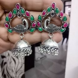 Red Green Stone Bollywood Silver Plated Oxidized Peacock Jhumki Earrings