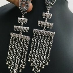 Triple Layer Peacock Silver Plated Oxidized Jhumki Earrings Drop / Dongle