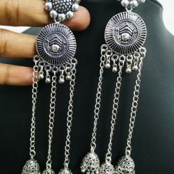 Traditional Maa Durga Long Silver Plated Oxidized Jhumki Earrings Drop / Dongle