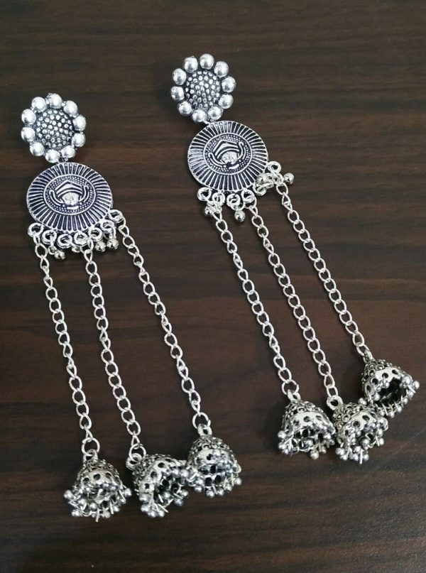 Traditional Maa Durga Long Silver Plated Oxidized Jhumki Earrings Drop / Dongle
