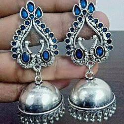 Traditional Bollywood Silver Plated Oxidized Jhumki Earrings Peacock Blue Panted