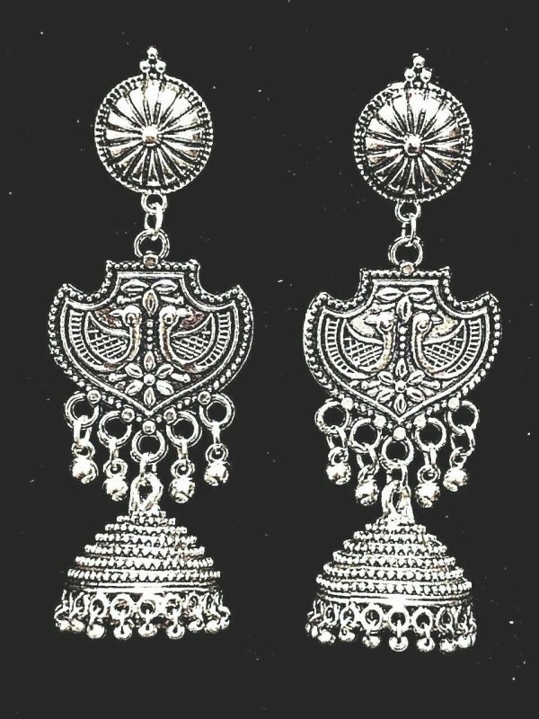 Maa Durga Flower Peacock Silver Plated Oxidized Jhumki Earrings Drop / Dongle