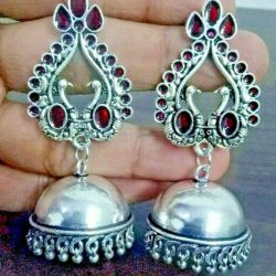 Traditional Bollywood Silver Plated Oxidized Jhumki Earrings Red Panted Peacock