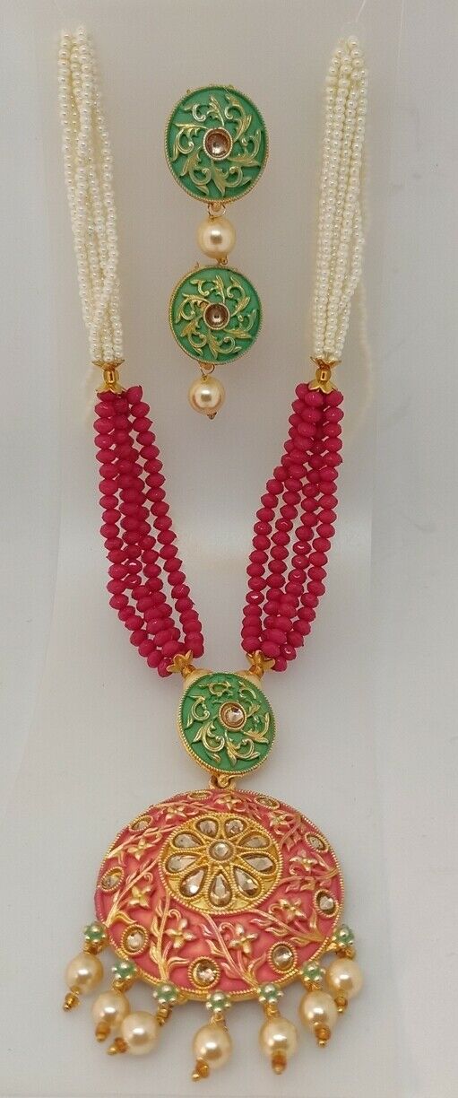 Red Green Pink Indian Long Necklace Set Gold Plated Bridal Pearl Mala Set