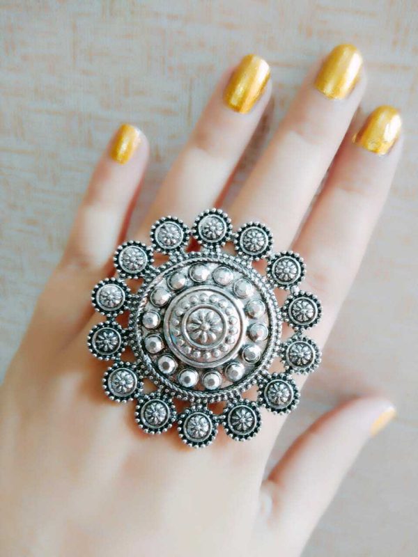 Big Size Bollywood Oxidized Silver Plated Adjustable Ring Jewelry women