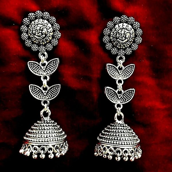 Long Lord Ganesha Indian Bollywood Silver Oxidized Mugal Jhumka Jhumki Earrings