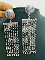 Traditional Bollywood Long Silver Plated Oxidized Jhumki Earrings Drop Chain