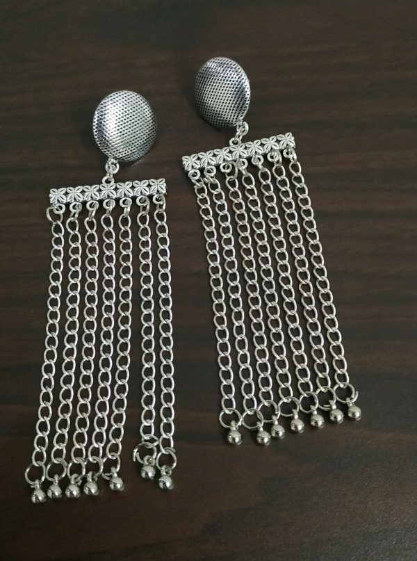 Traditional Bollywood Long Silver Plated Oxidized Jhumki Earrings Drop Chain
