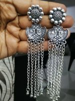 Long Peacock Silver Plated Oxidized Jhumki Earrings Drop / Dongle Jhumka Gift