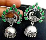Peacock Traditional Bollywood Silver Plated Oxidized Jhumki Green Stone Earring