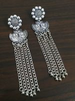 Long Peacock Silver Plated Oxidized Jhumki Earrings Drop / Dongle Jhumka Gift