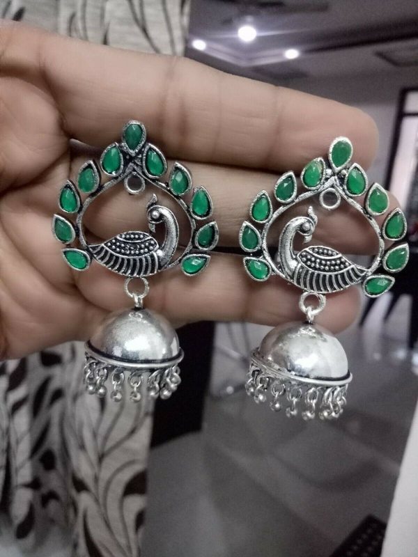 Peacock Traditional Bollywood Silver Plated Oxidized Jhumki Green Stone Earring