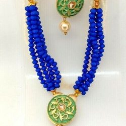 Blue Green Indian Long Necklace Set Gold Plated Bridal Pearl Mala Set