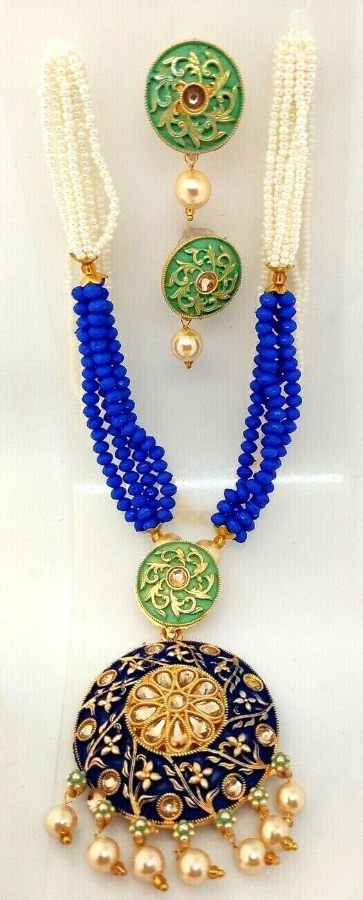 Blue Green Indian Long Necklace Set Gold Plated Bridal Pearl Mala Set