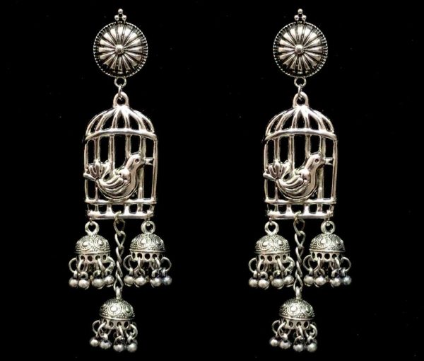 Indian Traditional Bird Cage Silver Oxidized Mugal Jhumka Jhumki Earrings