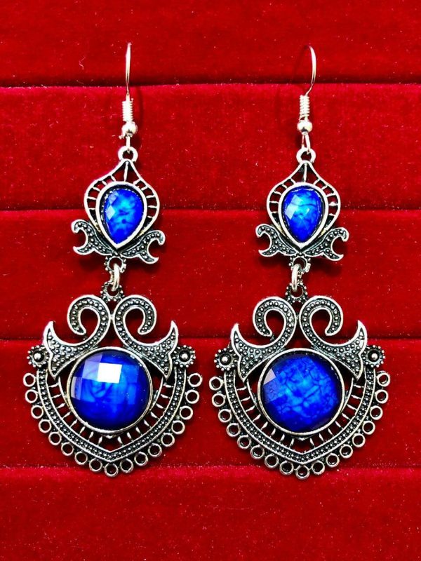Indian Kashmiri Oxidized Jhumki Mugal Silver Plated Afghani Earring Blue - B02
