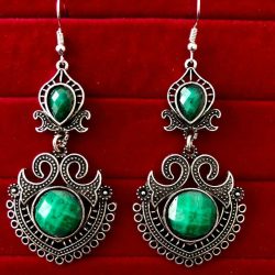 Indian Kashmiri Oxidized Jhumki Mugal Silver Plated Afghani Earring Green - B02
