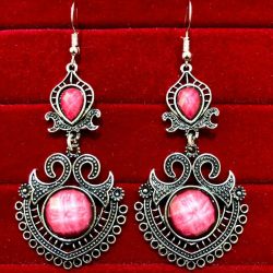 Indian Kashmiri Oxidized Jhumki Mugal Silver Plated Afghani Earring pink - B02