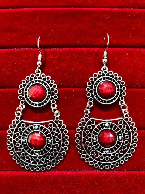 Indian Kashmiri Oxidized Jhumki Mugal Silver Plated Afghani Earring Red RN B02