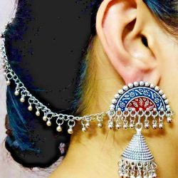 Blue Red Afghani Tribal Silver Oxidized Plated Drop / Dongle Earrings with Chain