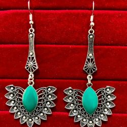 Indian Kashmiri Oxidized Jhumki Mugal Silver Plated Afghani Earring Green LN B02