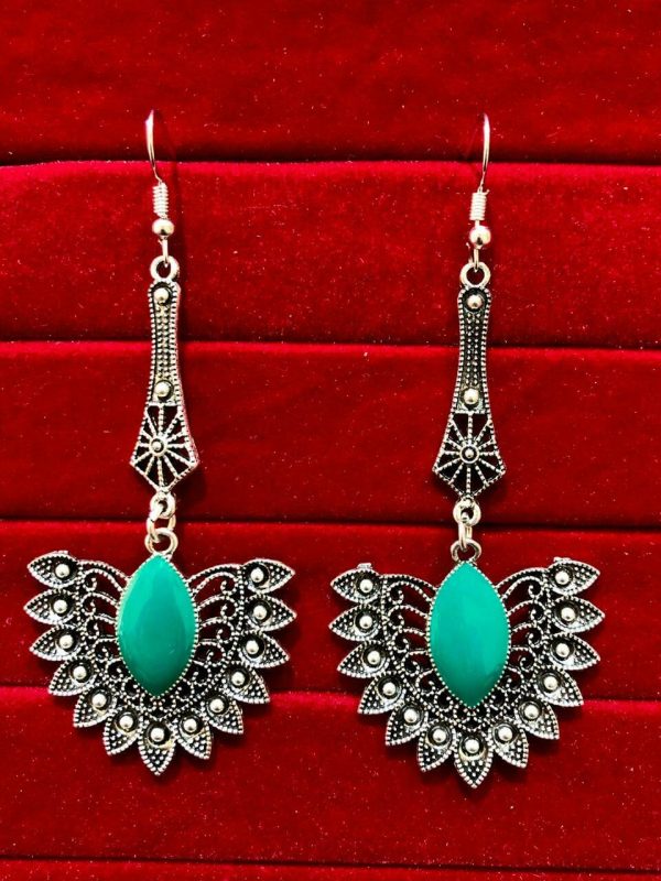 Indian Kashmiri Oxidized Jhumki Mugal Silver Plated Afghani Earring Green LN B02